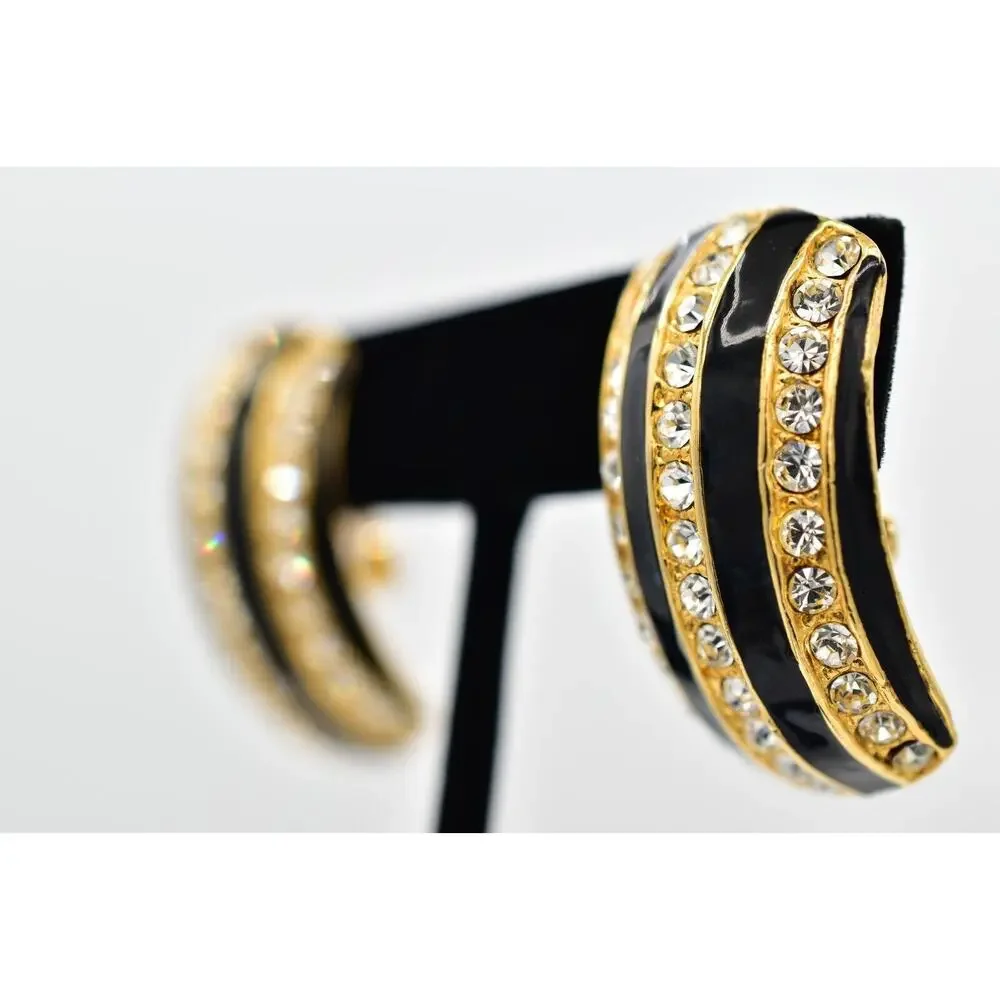 Vintage Crystal Clip On Earrings Black Enamel Rhinestone Gold Chunky 1980s BinBK